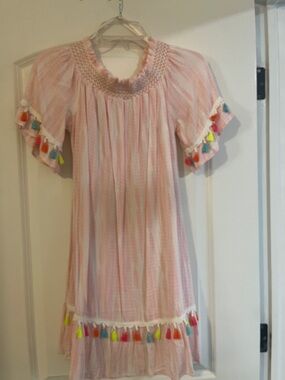 Pink Tassel Trim Mini Dress - Smocked Yoke